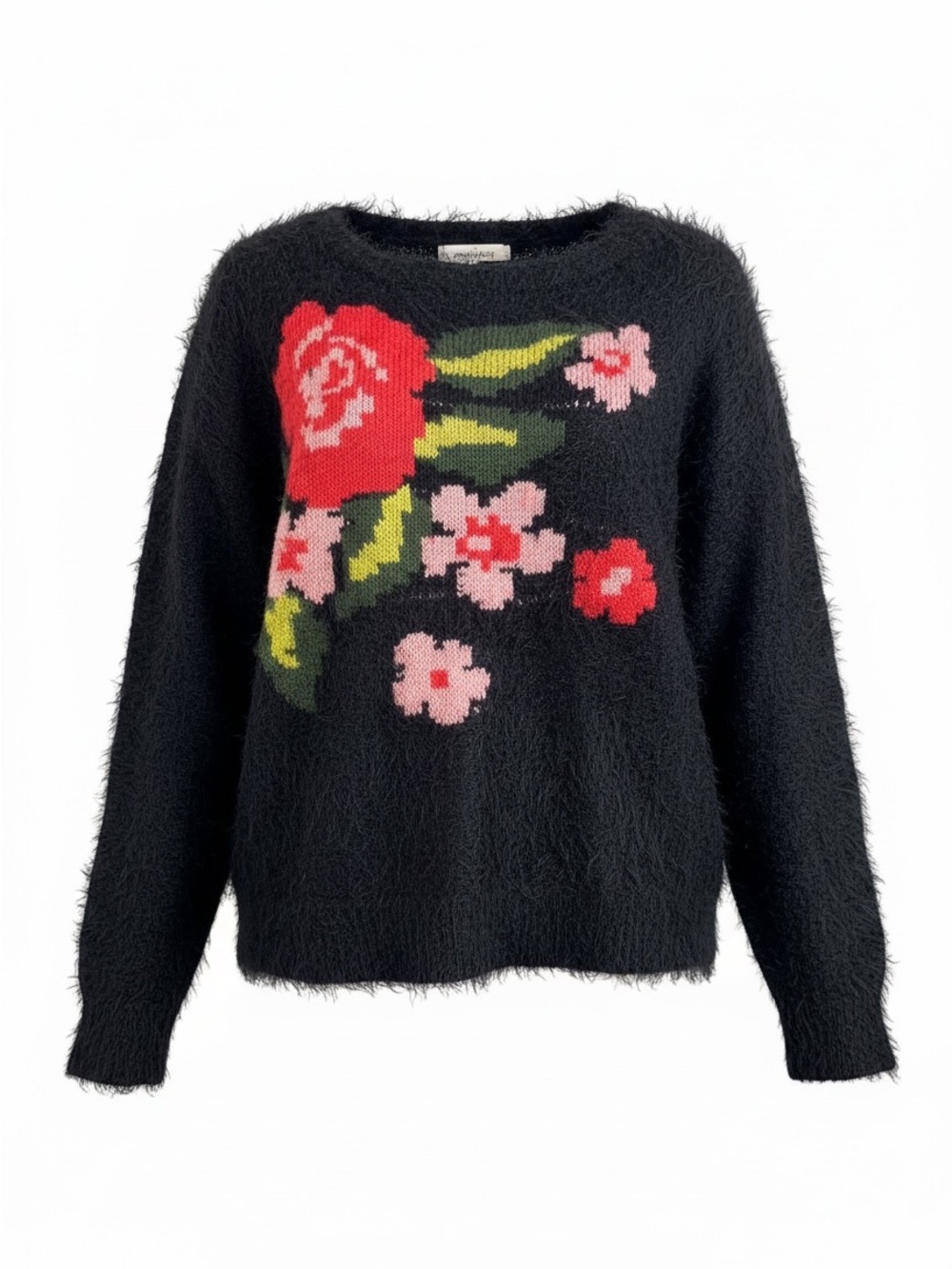 Jessica Simpson Black Fuzzy Crewneck Sweater with Pink & Red Floral Large